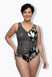 Damskie Strój kąpielowy efekt kopertowy miękkie miseczki ozdobny pierścień. Czarne stroje kąpielowe damskie Ulla Popken, plus size, bez wzorów, z elastanu. Za 191.99 zł.