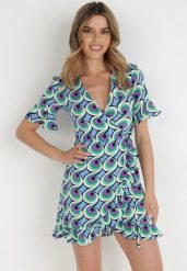 Niebiesko-Fioletowa Sukienka Kopertowa Rob. Niebieskie sukienki damskie Born2be, na lato, m, z aplikacjami, bez kołnierzyka, bez ramiączek, mini, kopertowe. Za 29.99 zł.