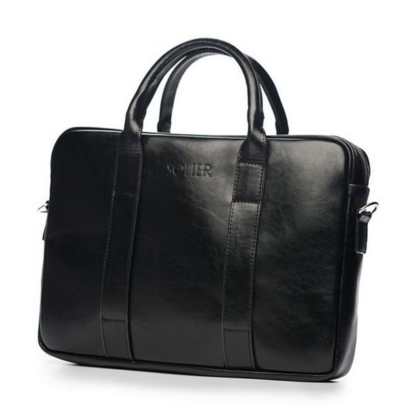 Skórzana torba męska na laptopa Solier czarna. Czarne torby na laptopa damskie Solier, bez wzorów, ze skóry. Za 488.99 zł.