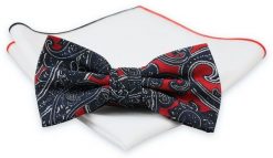 Ciemna Granatowa Mucha z Białą Poszetką -CHATTIER- Męska, w Czerwony Wzór Paisley, Orientalna. Czerwone krawaty i muchy Chattier, bez wzorów, eleganckie. Za 59.00 zł.