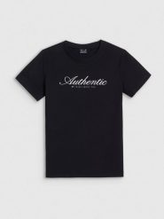 4F T-shirt regular z nadrukiem damski - czarny S. Czarne t-shirty damskie 4F, s, bez wzorów, z bawełny, biznesowe, bez kołnierzyka, bez ramiączek. Za 59.99 zł.