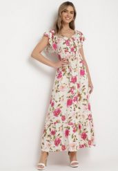 Jasnobeżowa Rozkloszowana Sukienka Maxi z Wiskozy w Kwiatowy Print Unadis. Brązowe sukienki damskie Born2be, na lato, l, bez wzorów, z wiskozy, bez kołnierzyka, bez ramiączek, maxi, rozkloszowane. Za 84.99 zł.