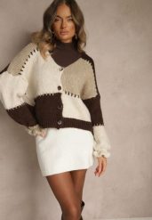 Brązowy Oversizowy Kardigan w Patchworkowym Stylu z Guzikami i Domieszką Wełny Atavita. Brązowe kardigany damskie Renee, na zimę, bez wzorów, z wełny, bez kołnierzyka. Za 169.99 zł.