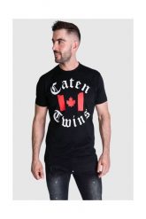 DSQUARED2 T-shirt męski, czarny z nadrukiem ,,caten twins. Czarne t-shirty męskie Dsquared2, l, bez wzorów, prążkowane, bez kołnierzyka, bez ramiączek. W wyprzedaży za 499.99 zł.
