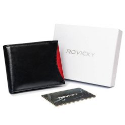 Portfel męski czarny z czerwoną wstawką Rovicky 1540-03-BOR-1256 BLA. Czarne portfele męskie ROVICKY, bez wzorów, ze skóry. Za 67.99 zł.
