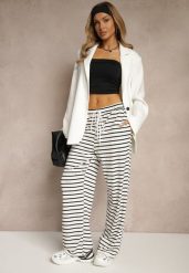 Czarno-Białe Spodnie z Wiskozą o Szerokim Kroju High Waist w Paski Bormio. Czarne spodnie materiałowe damskie Renee, bez wzorów, z jeansu, z podwyższonym stanem. Za 54.99 zł.