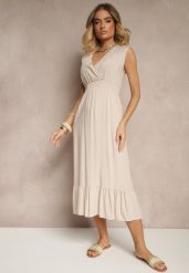 Beżowa Kopertowa Sukienka z Wiskozy Zdobiona Falbanką Ularisela. Brązowe sukienki damskie Renee, na co dzień, l, z aplikacjami, z wiskozy, eleganckie, bez kołnierzyka, bez ramiączek, midi, kopertowe. Za 49.99 zł.