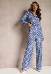 Niebieskie Spodnie o Szerokim Kroju w Ozdobny Print z Kieszeniami Ashel. Niebieskie spodnie materiałowe damskie Renee, bez wzorów, z jeansu, eleganckie. Za 79.99 zł.