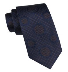 Elegancki i Modny Krawat Jedwabny - Alties - Granat w Duże, Brązowe Grochy. Niebieskie krawaty i muchy Alties, bez wzorów, z jedwabiu, eleganckie. Za 115.00 zł.