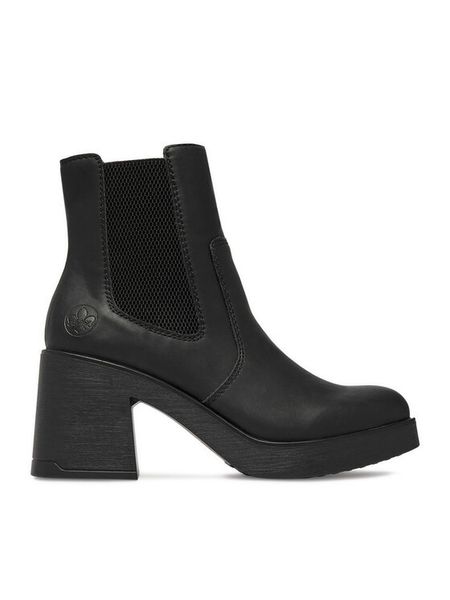 Rieker Botki CEO-58081-00 Czarny. Czarne botki damskie Rieker, bez wzorów, ze skóry, bez obcasa, na słupku, bez zapięcia. Za 379.99 zł.