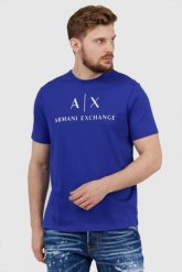ARMANI EXCHANGE Niebieski t-shirt męski z białym logo. Niebieskie t-shirty męskie Armani Exchange, l, bez wzorów, prążkowane, bez kołnierzyka, bez ramiączek. W wyprzedaży za 159.99 zł.
