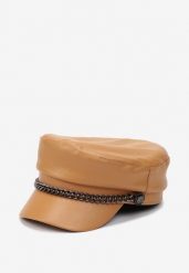 Brązowa Czapka Beret z Daszkiem z Ekoskóry z Metalowym Łańcuszkiem Crivite. Brązowe czapki damskie Born2be, bez wzorów. Za 49.99 zł.