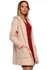 Kardigan oversize z wełną i obszernym kapturem wąskie rękawy beżowy. Brązowe kardigany damskie Polskie swetry, l, bez wzorów, z materiału, eleganckie, bez kołnierzyka. Za 289.00 zł.