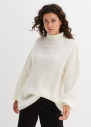 Sweter z grubej dzianiny. Białe swetry nierozpinane damskie bonprix, bez wzorów, z dzianiny, bez kołnierzyka, bez ramiączek. Za 124.99 zł.