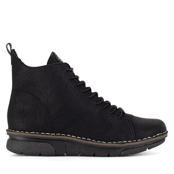 Trzewiki Rieker. Czarne botki damskie Rieker, bez wzorów, bez obcasa, na płaskiej podeszwie, bez zapięcia. Za 251.99 zł.