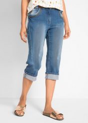 Dżinsy rybaczki Slim Fit, mid waist, bawełna. Niebieskie jeansy damskie bonprix, bez wzorów, z bawełny. Za 149.99 zł.