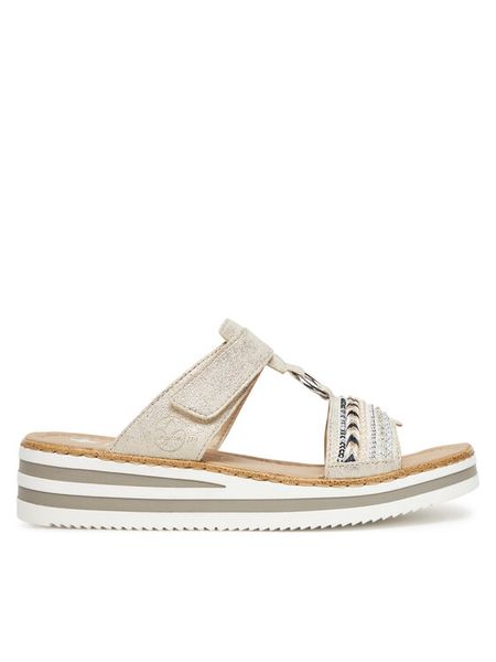 Rieker Klapki V02M6-60 Srebrny. Szare klapki damskie Rieker, bez wzorów, z syntetyku, bez obcasa, bez zapięcia. Za 319.99 zł.