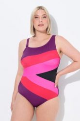 Damski Strój kąpielowy szerokie kolorowe pasy miękkie miseczki. Niebieskie stroje kąpielowe damskie Ulla Popken, plus size, bez wzorów, z elastanu. Za 191.99 zł.
