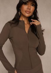 Brązowa Dopasowana Bluza w Sportowym Stylu na Suwak Veralia. Brązowe bluzy damskie Renee, m, bez wzorów, z jeansu, eleganckie, bez ramiączek, bez kaptura. Za 89.99 zł.