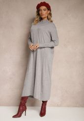 Jasnoszara Pudełkowa Sukienka Sweterkowa z Wiskozą i Golfem Rinnine. Szare sukienki damskie Renee, na co dzień, bez wzorów, z wiskozy, eleganckie, bez kołnierzyka, bez ramiączek, maxi. Za 99.99 zł.