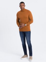 Dzianinowy męski jednokolorowy golf z wiskozą – camel V8 OM-SWTN-0101 - XXL. Brązowe swetry męskie Ombre Clothing, l, z aplikacjami, z dzianiny, casualowe, bez kołnierzyka, bez ramiączek. W wyprzedaży za 79.99 zł.