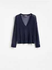 Sweter z lyocellu - granatowy. Niebieskie swetry nierozpinane damskie Reserved, l, bez wzorów, z lyocellu, bez kołnierzyka, bez ramiączek. Za 109.99 zł.