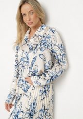 Biało-Niebieska Koszula z Wiskozą Ozdobiona Kwiatami Fenelea. Niebieskie koszule damskie Born2be, l, bez wzorów, z jeansu, eleganckie, bez kołnierzyka, bez ramiączek. Za 99.99 zł.