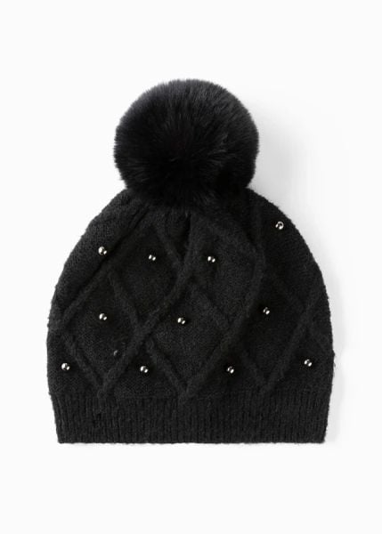 Czapka z pomponem. Czarne czapki damskie bonprix, bez wzorów, eleganckie. Za 42.99 zł.