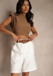 Białe Szorty z Wiskozą w Eleganckim Stylu z Paskiem z Klamrą Aravene. Białe szorty damskie Renee, bez wzorów, z materiału, eleganckie, z podwyższonym stanem. Za 74.99 zł.
