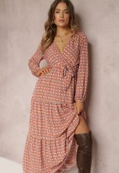 Pomarańczowa Sukienka z Kopertowym Dekoltem i Falbaną na Dole Ive. Brązowe sukienki damskie Renee, na co dzień, l, bez wzorów, eleganckie, bez kołnierzyka, bez ramiączek, maxi, kopertowe. Za 99.99 zł.