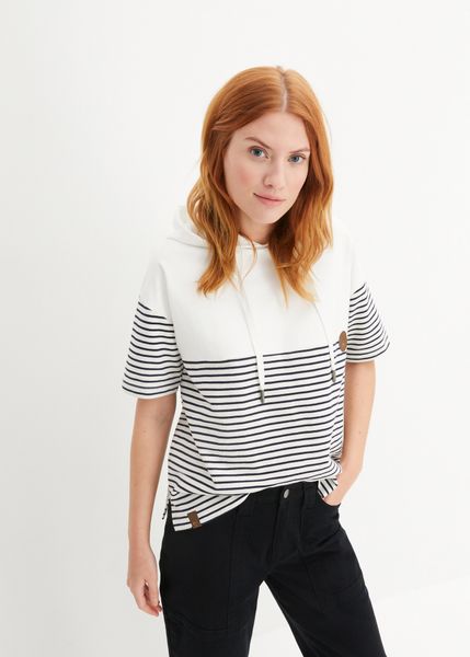 Bluza z kapturem. Białe bluzy damskie bonprix, bez wzorów, bez ramiączek, z kapturem. Za 102.99 zł.