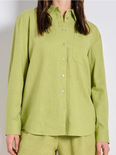 Wiskozowa koszula z domieszką lnu - zielony. Zielone koszule damskie Sinsay, l, bez wzorów, z materiału, bez kołnierzyka, bez ramiączek. Za 33.99 zł.