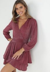 Bordowa Sukienka Rozkloszowana z Metaliczną Nitką Adine. Czerwone sukienki damskie Born2be, na imprezę, l, bez wzorów, eleganckie, bez kołnierzyka, bez ramiączek, mini, rozkloszowane. Za 169.99 zł.