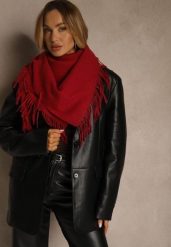 Bordowy Bawełniano-Wiskozowy Szalik w Kształcie Trójkąta z Frędzlami Vetisara. Czerwone szaliki damskie Renee, bez wzorów, z bawełny. Za 39.99 zł.