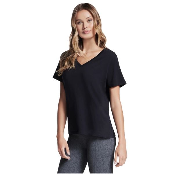 T-shirt sportowy z krótkim rękawem damski Pima V-Neck Tee. Czarne koszulki sportowe damskie Skechers, s, bez wzorów, z poliesteru, bez ramiączek. Za 119.99 zł.