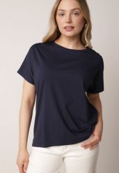 Granatowy T-shirt Bawełniany Klasyczny o Fasonie Oversize z Dłuższym Tyłem Nemedora. Niebieskie t-shirty damskie Born2be, m, bez wzorów, z bawełny, eleganckie, bez kołnierzyka, bez ramiączek. Za 24.99 zł.