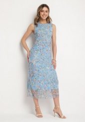 Niebieska Koktajlowa Taliowana Sukienka w Kwiaty z Wiskozową Podszewką Lidra. Niebieskie sukienki damskie Born2be, na co dzień, m, z aplikacjami, z jeansu, eleganckie, bez kołnierzyka, bez ramiączek, maxi. Za 84.99 zł.
