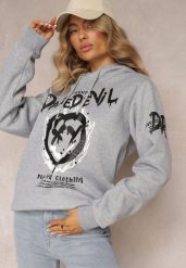 Jasnoszara Bluza z Polarem i Nadrukiem Thalindra. Szare bluzy damskie Renee, xl, bez wzorów, z dzianiny, eleganckie, bez ramiączek, z kapturem. Za 69.99 zł.