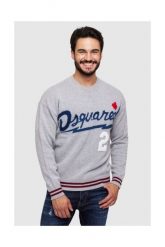 DSQUARED2 Szary sweter męski z granatowym logo. Szare swetry męskie Dsquared2, m, z aplikacjami, z wełny, bez kołnierzyka, bez ramiączek. W wyprzedaży za 1,099.99 zł.