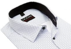 Biała elastyczna koszula męska Modini z niebieskim wzorem DD11. Białe koszule męskie Modini Moda Męska, m, bez wzorów, z bawełny, casualowe, bez kołnierzyka, bez ramiączek. W wyprzedaży za 179.10 zł.