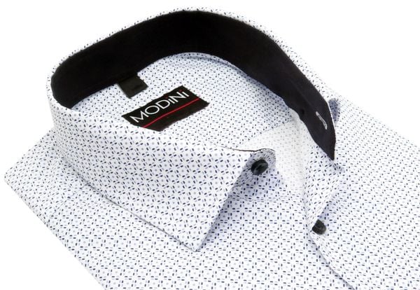 Biała elastyczna koszula męska Modini z niebieskim wzorem DD11. Białe koszule męskie Modini Moda Męska, m, bez wzorów, z bawełny, casualowe, bez kołnierzyka, bez ramiączek. W wyprzedaży za 179.10 zł.