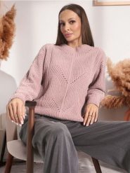Sweter - fioletowy. Fioletowe swetry nierozpinane damskie Sinsay, l, w ażurowe wzory, ze splotem, bez kołnierzyka, bez ramiączek. Za 35.99 zł.