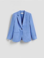 Lniana marynarka - niebieski. Niebieskie marynarki i żakiety damskie Reserved, bez wzorów, z tkaniny, bez kołnierzyka, bez ramiączek. Za 259.99 zł.