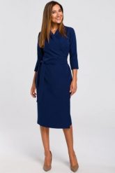 Elegancka sukienka kopertowa midi z paskiem granat. Sukienki damskie Stylove, do pracy, l, bez wzorów, z elastanu, biznesowe, bez kołnierzyka, bez ramiączek, midi, dopasowane. Za 309.00 zł.