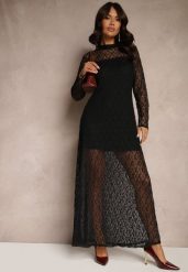 Czarna Przezroczysta Taliowana Sukienka z Koronki Vertizia. Czarne sukienki damskie Renee, bez wzorów, z koronki, eleganckie, bez kołnierzyka, bez ramiączek, maxi, kopertowe. Za 99.99 zł.