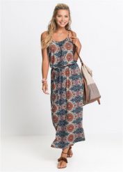 Długa sukienka z rozcięciami po bokach. Brązowe sukienki damskie bonprix, bez wzorów, z materiału, bez kołnierzyka, bez ramiączek, maxi, dopasowane. Za 134.99 zł.