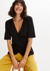 T-shirt z miękkiej mieszanki wiskozy. Czarne t-shirty damskie bonprix, bez wzorów, z wiskozy, bez kołnierzyka, bez ramiączek. Za 64.99 zł.