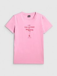 4F T-shirt regular z nadrukiem damski - różowy XL. Czerwone t-shirty damskie 4F, xl, bez wzorów, bez kołnierzyka, bez ramiączek. Za 49.99 zł.