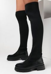 Czarne Kozaki Auxorra. Czarne kozaki damskie Born2be, bez wzorów, z dzianiny, za kolano, bez obcasa, na płaskiej podeszwie, bez zapięcia. Za 149.99 zł.