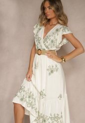 Biało-Zielona Kopertowa Sukienka z Wiskozy Ozdobiona Haftem i Paskiem Nilatea. Białe sukienki damskie Renee, l, bez wzorów, z materiału, eleganckie, bez kołnierzyka, bez ramiączek, midi, kopertowe. Za 99.99 zł.